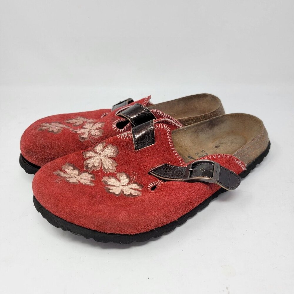 Birkenstock Red Suede Floral Clogs